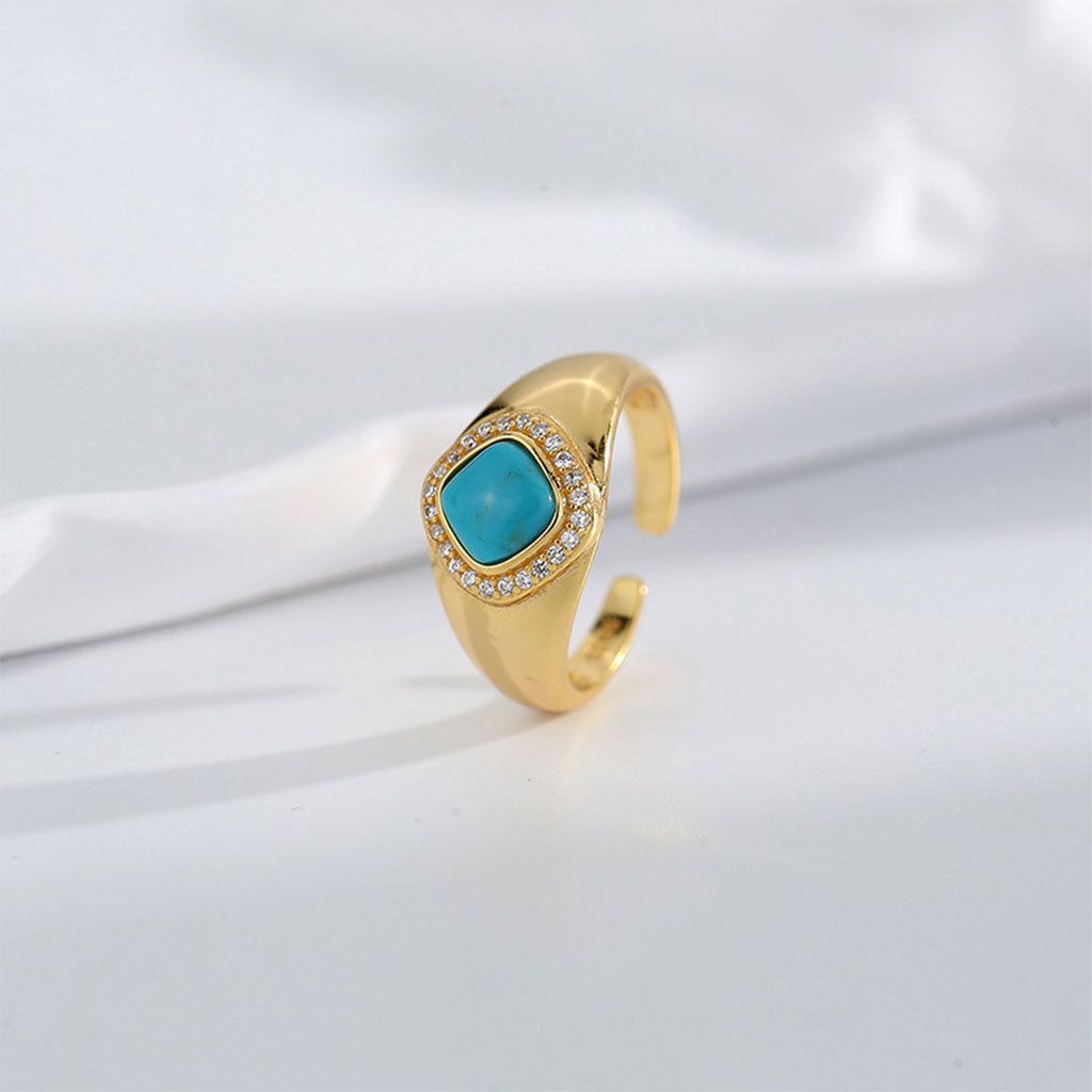 Morning Glow Turquoise Square Ring: S925 Silver Plated 18K Gold Minimalist Design - Veilgem