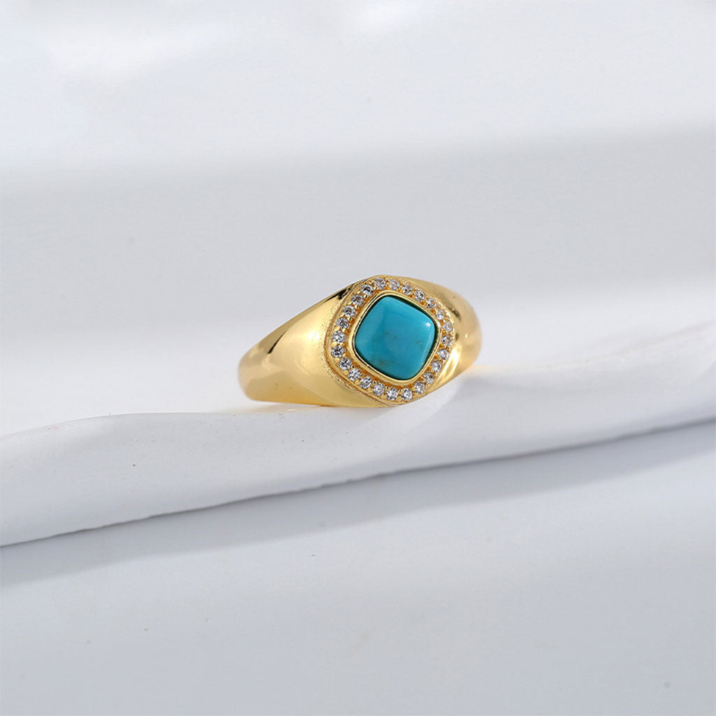 Morning Glow Turquoise Square Ring: S925 Silver Plated 18K Gold Minimalist Design - Veilgem