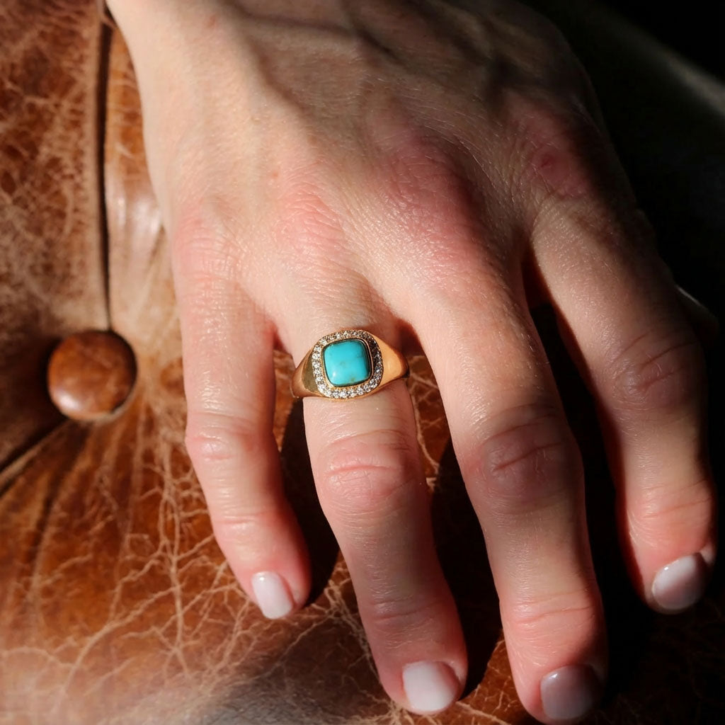Morning Glow Turquoise Square Ring: S925 Silver Plated 18K Gold Minimalist Design - Veilgem