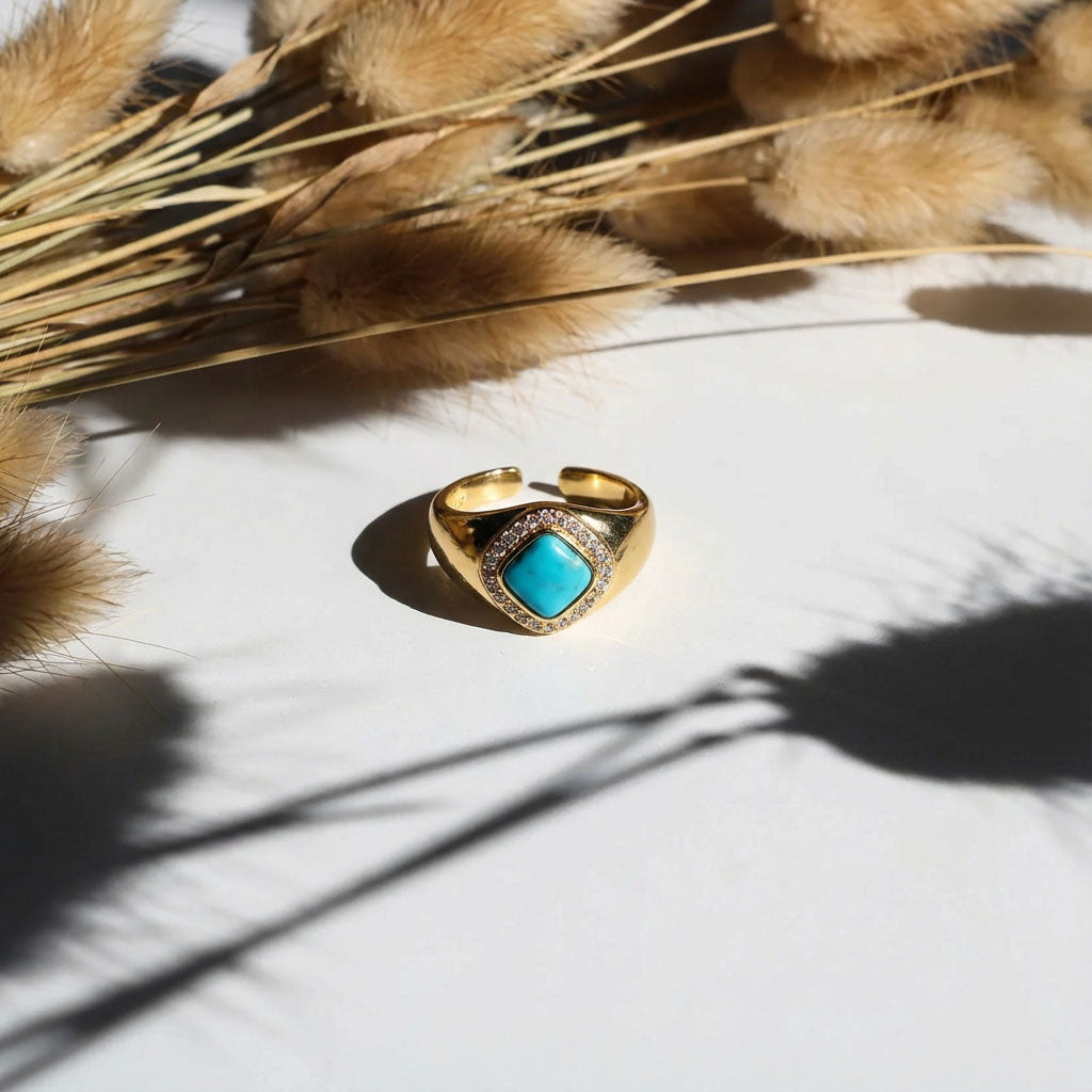 Morning Glow Turquoise Square Ring: S925 Silver Plated 18K Gold Minimalist Design - Veilgem