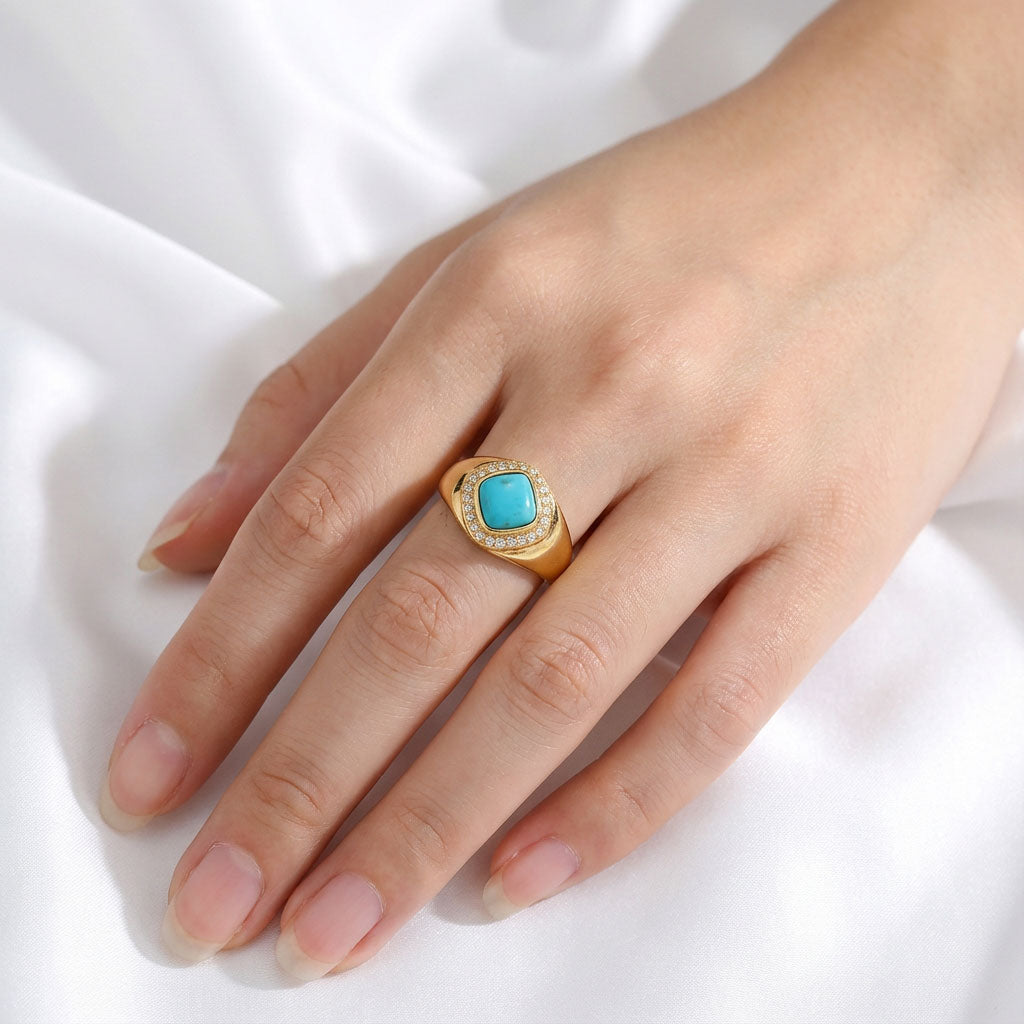 Morning Glow Turquoise Square Ring: S925 Silver Plated 18K Gold Minimalist Design - Veilgem