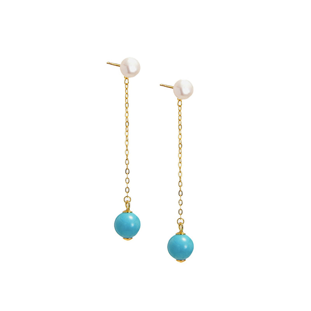 Gold-plated dangle earrings with white pearl studs and turquoise gemstone beads on chains