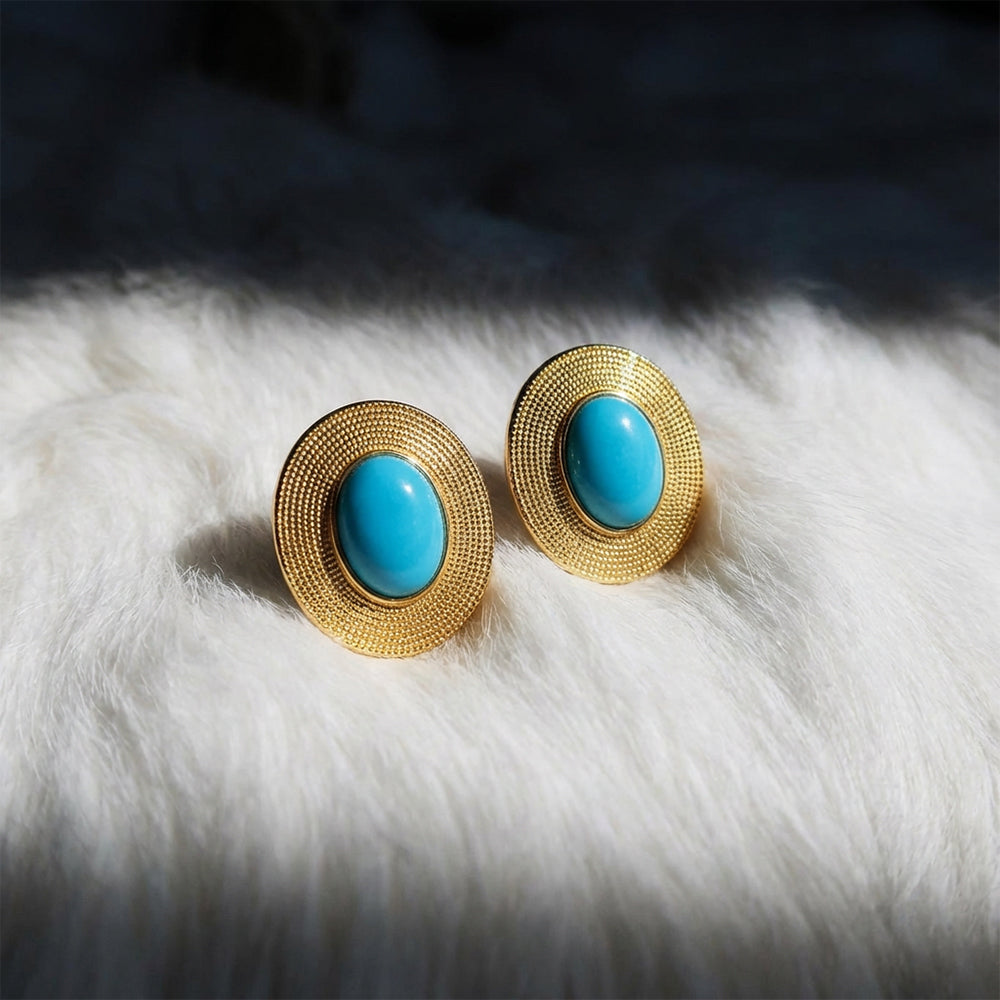 Round Turquoise Stud Earrings: S925 Silver Plated 18K Gold Classic Chinese Style