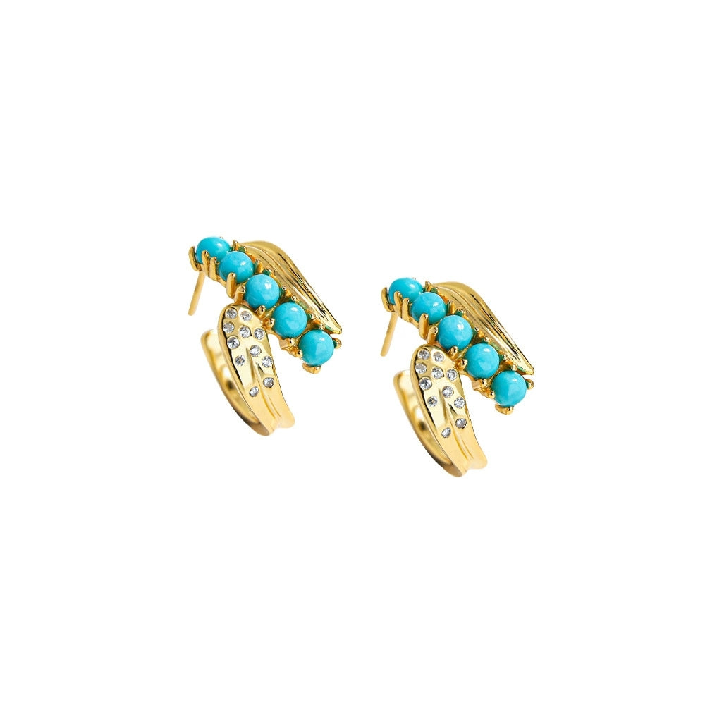 Gold plated earrings with turquoise beads and small clear crystals, elegant gemstone jewelry