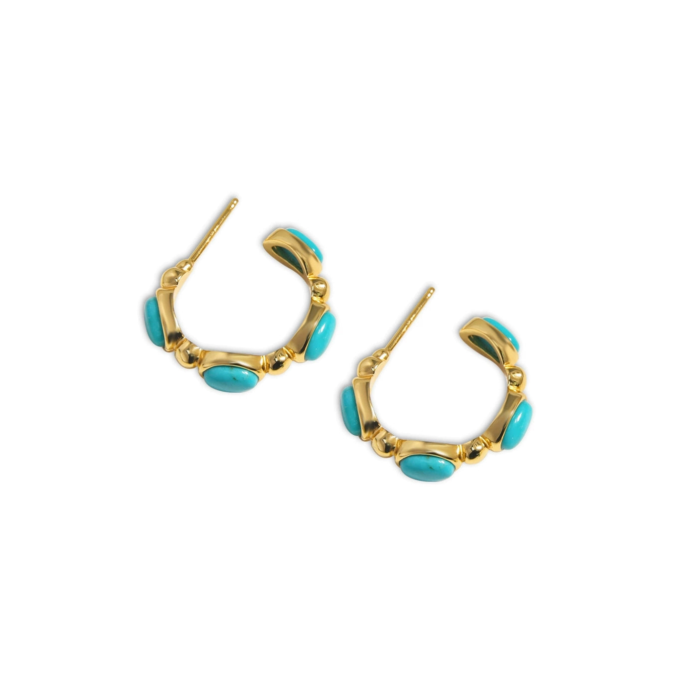 Gold plated hoop earrings with three turquoise natural gemstones each, elegant jewelry pair