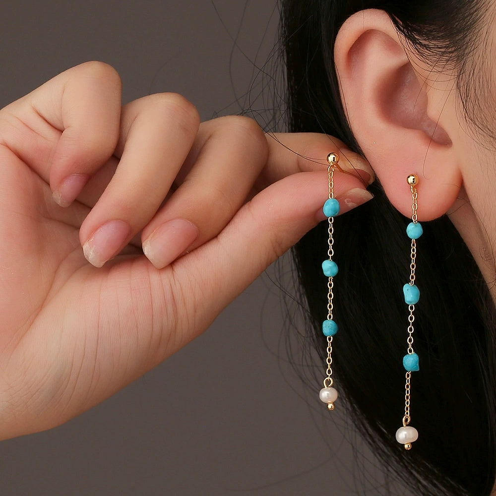 Ocean Whisper – Turquoise & Pearl Tassel Drop Earrings - Veilgem