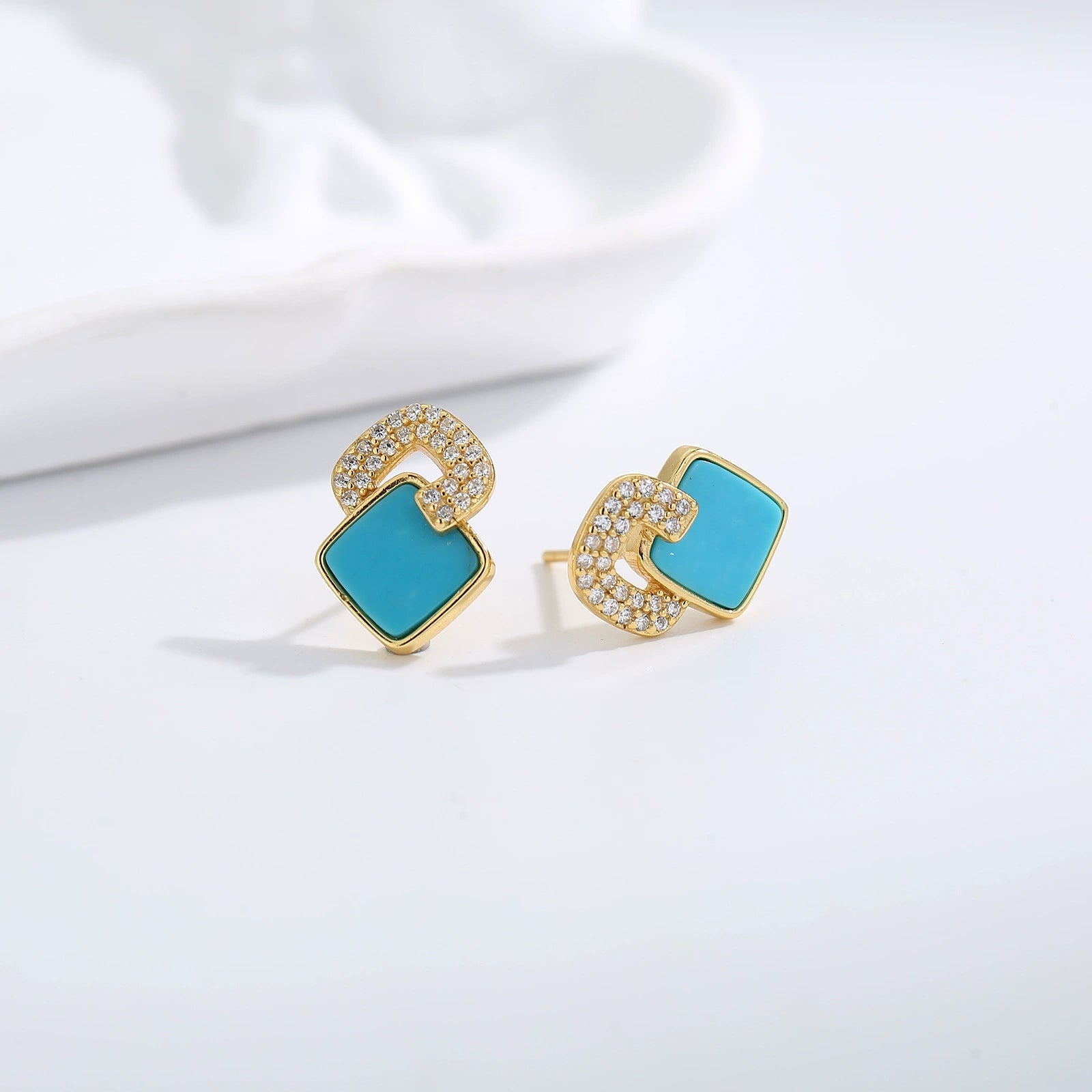 Square Turquoise Stud Earrings: S925 Silver Plated 18K Gold Geometric Jewelry - Veilgem