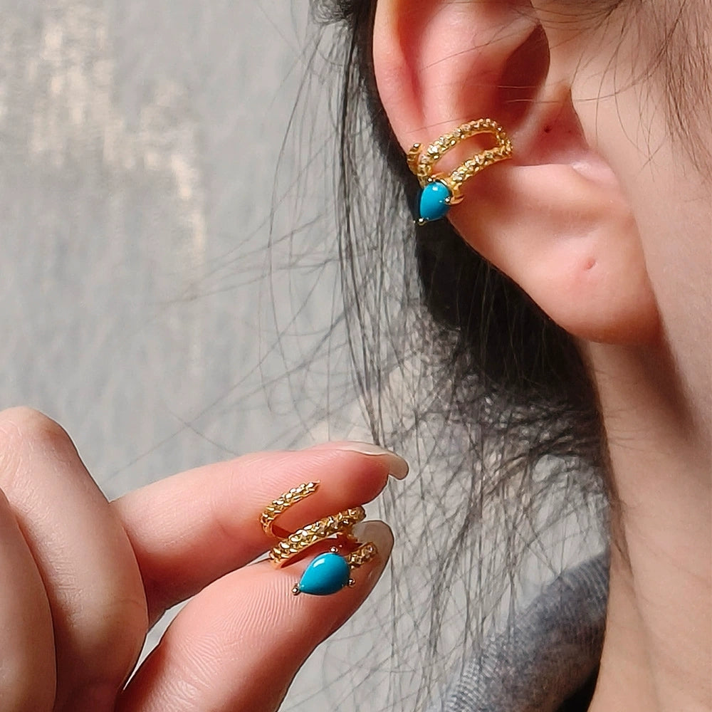 Luminous Teardrop Turquoise Ear Cuff: S925 Silver Plated 18K Gold Serpent Design - Veilgem