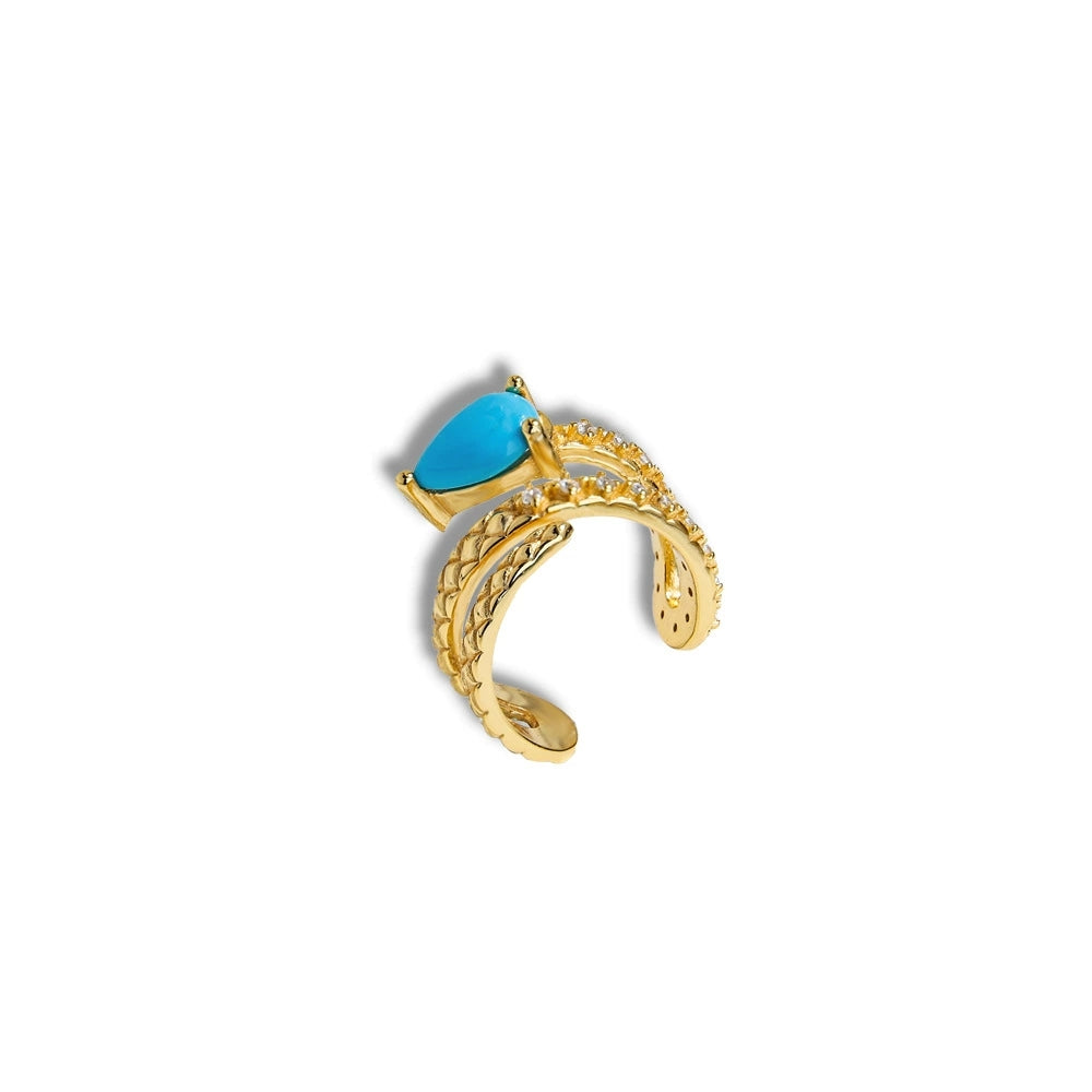 Luminous Teardrop Turquoise Ear Cuff: S925 Silver Plated 18K Gold Serpent Design - Veilgem