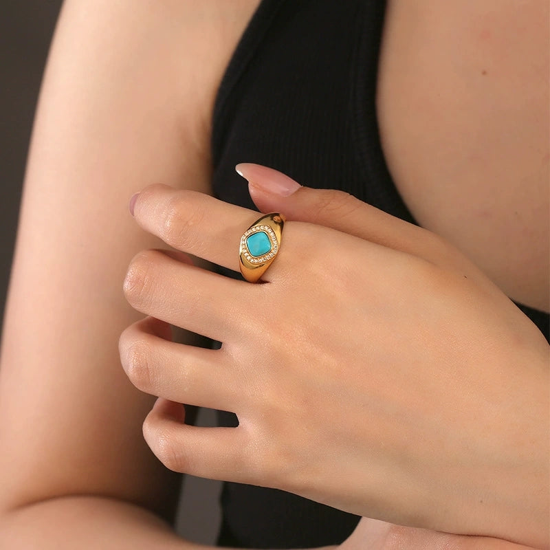 Morning Glow Turquoise Square Ring: S925 Silver Plated 18K Gold Minimalist Design - Veilgem