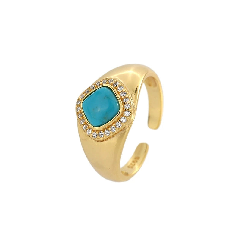 Morning Glow Turquoise Square Ring: S925 Silver Plated 18K Gold Minimalist Design - Veilgem