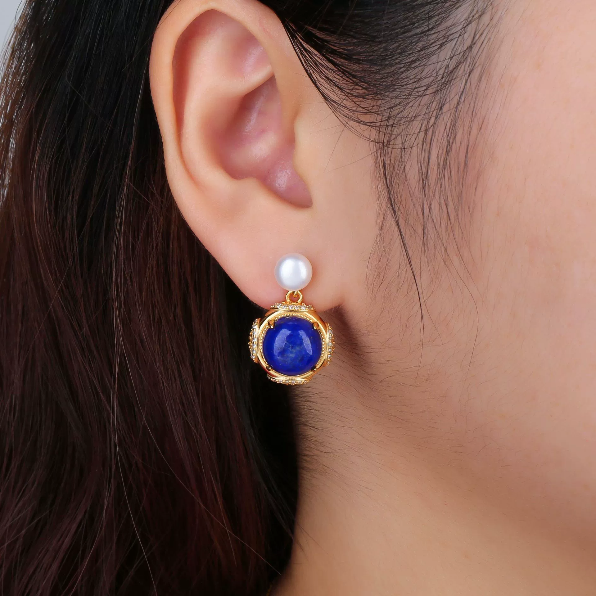 Moonlit Duo Lapis & Pearl Studs - Veilgem