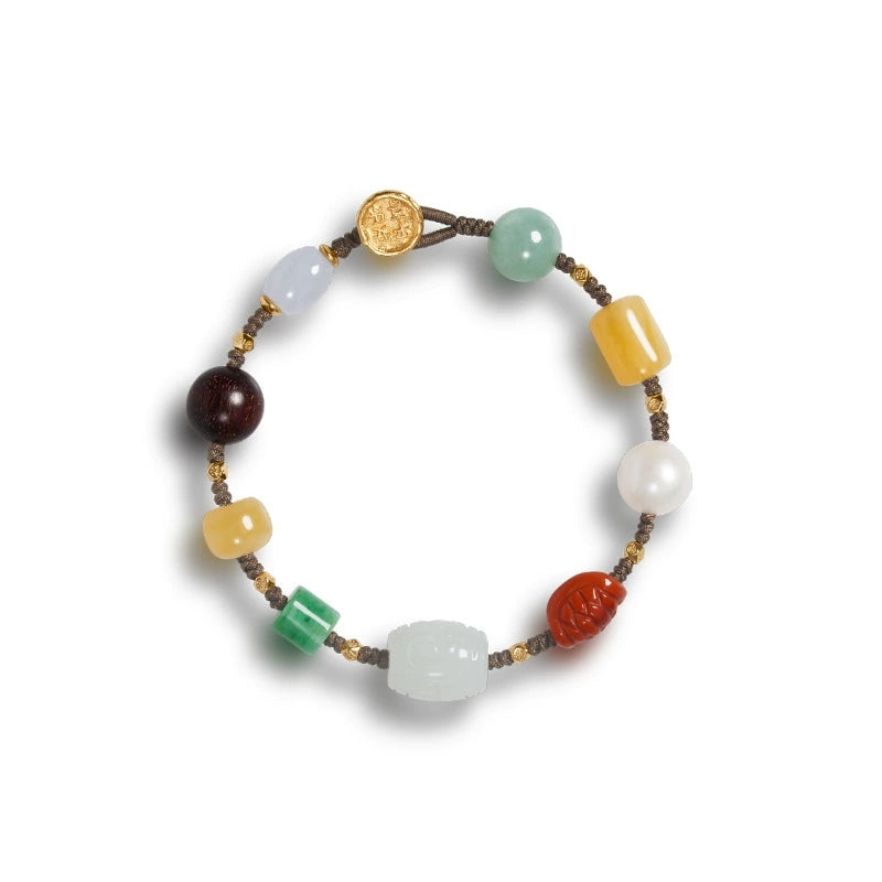 Natural multi-gemstone Hetian jade, amber, and red agate woven bracelet - Veilgem