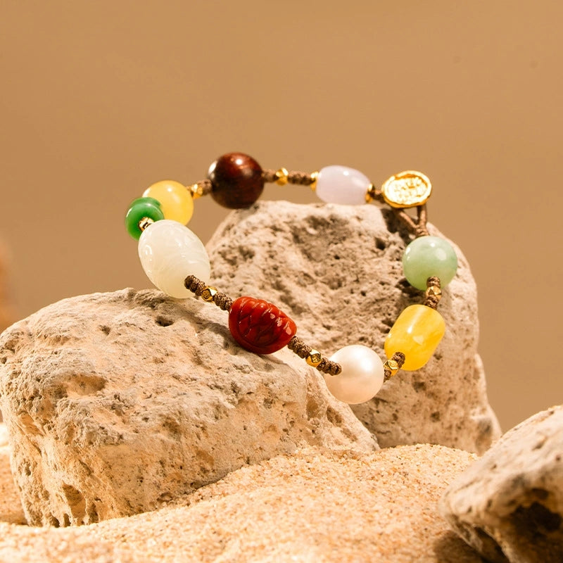 Natural multi-gemstone Hetian jade, amber, and red agate woven bracelet - Veilgem