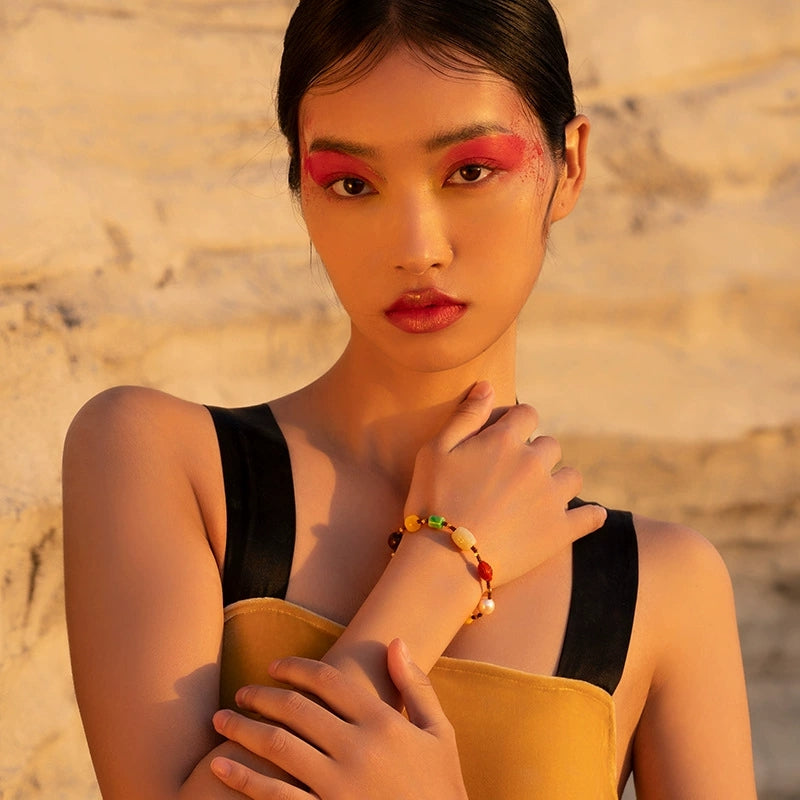 Natural multi-gemstone Hetian jade, amber, and red agate woven bracelet - Veilgem