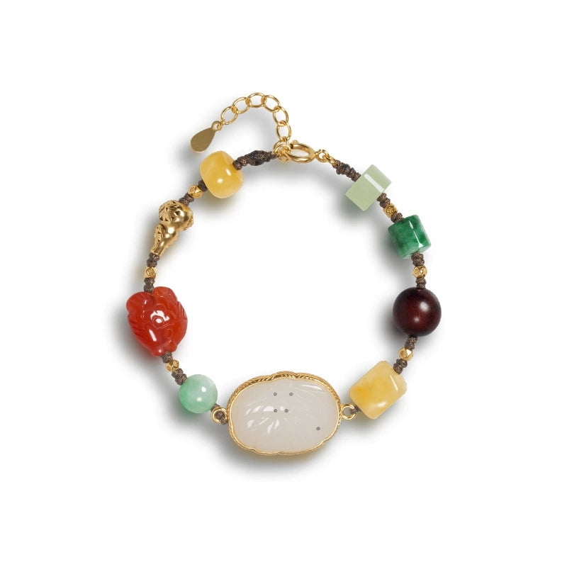 Four Auspicious Symbols Handmade Bracelet - Hetian Jade, Amber, Red Agate - Veilgem