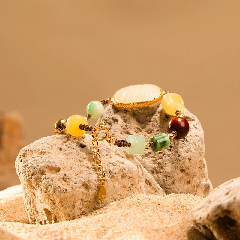 Four Auspicious Symbols Handmade Bracelet - Hetian Jade, Amber, Red Agate - Veilgem