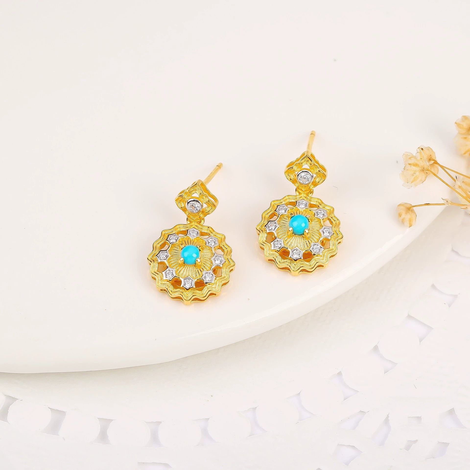 Morning Light Bloom - Turquoise & Zircon Earrings - Veilgem