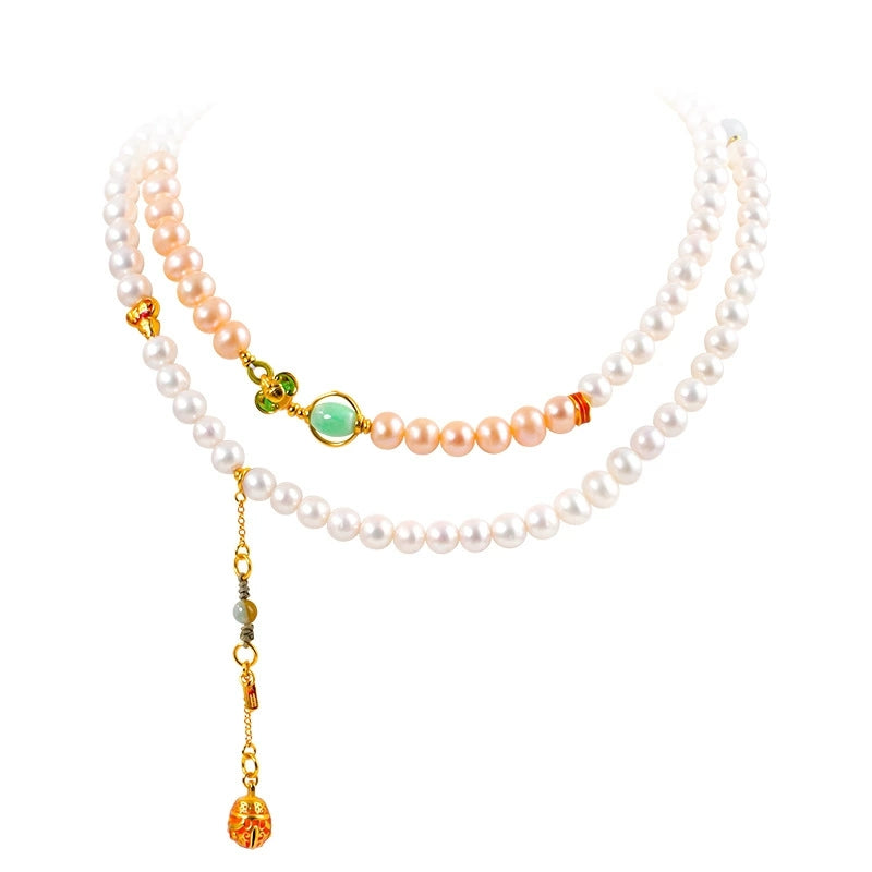 Aurora Grace – Dual-Tone Pearl & Carnelian Double-Strand Necklace - Veilgem