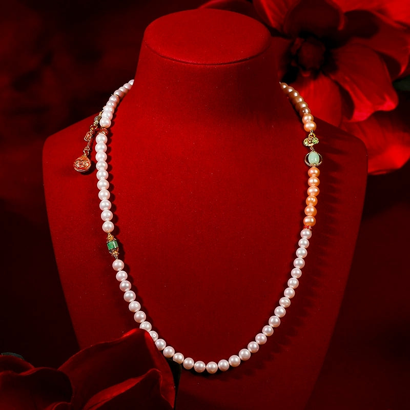 Aurora Grace – Dual-Tone Pearl & Carnelian Double-Strand Necklace - Veilgem