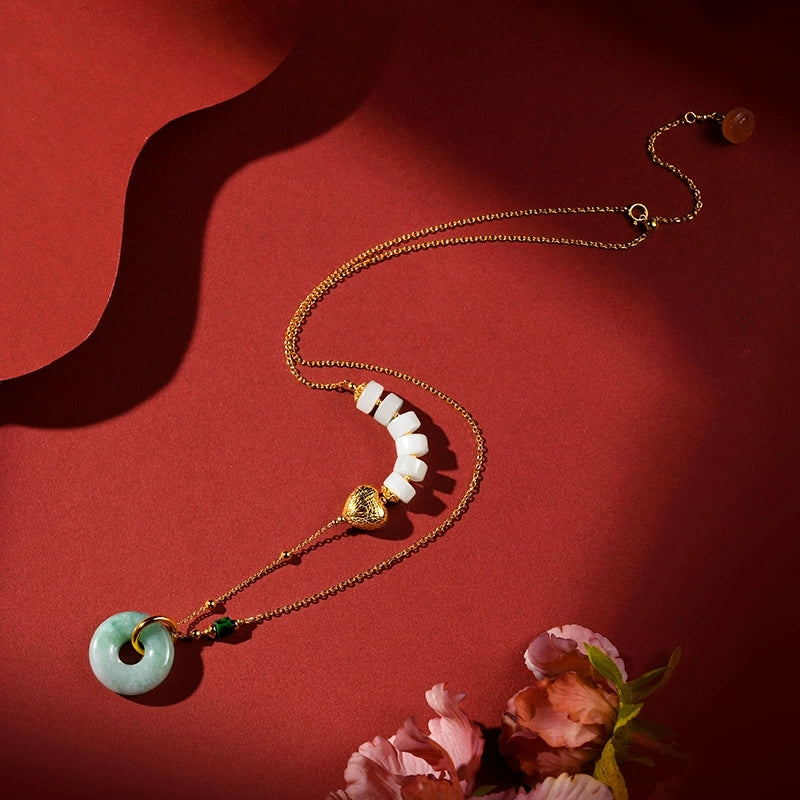 Jade Whisper – Hetian White Jade & Emerald Peace Pendant Necklace - Veilgem