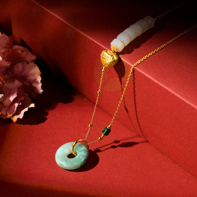 Jade Whisper – Hetian White Jade & Emerald Peace Pendant Necklace - Veilgem