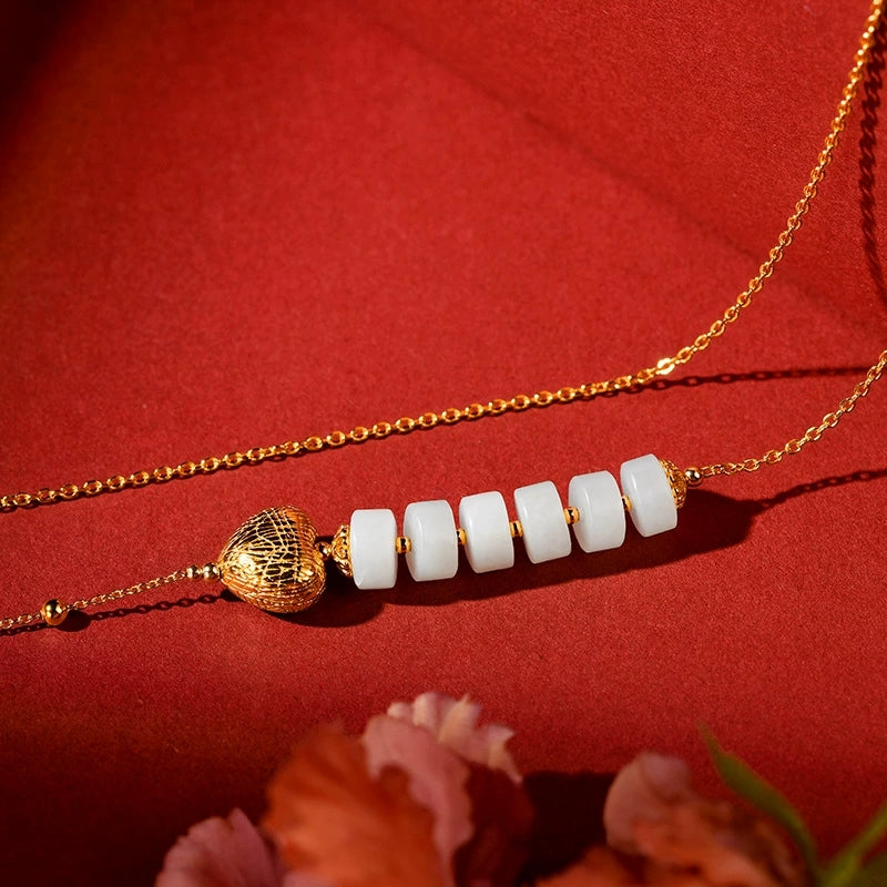 Jade Whisper – Hetian White Jade & Emerald Peace Pendant Necklace - Veilgem