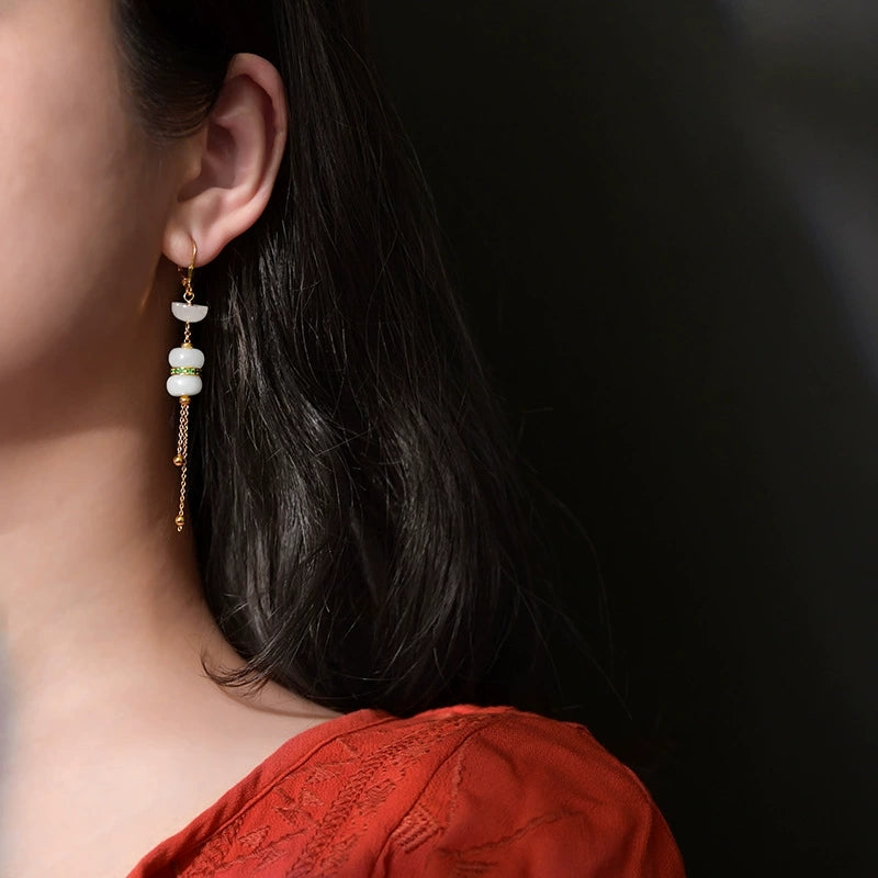 Moon Veil – Hetian White Jade Tassel Earrings - Veilgem
