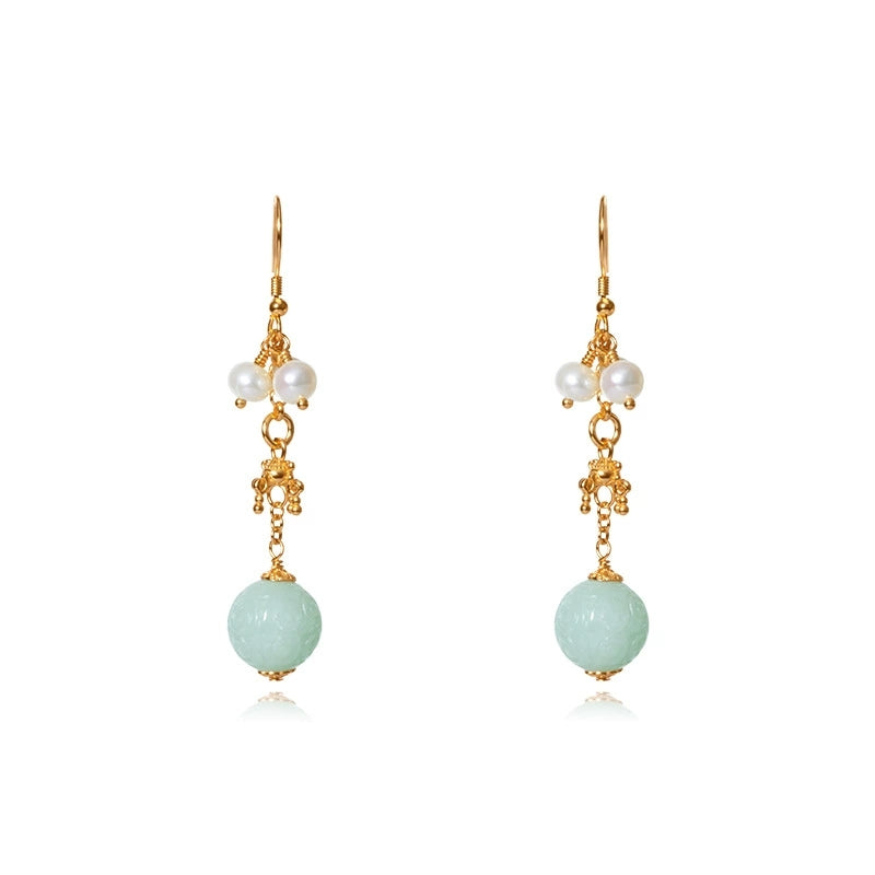 Jade Grace Earrings — S925 Gold-Plated Burmese A-Grade Jade & Pearl Drop Earrings - Veilgem
