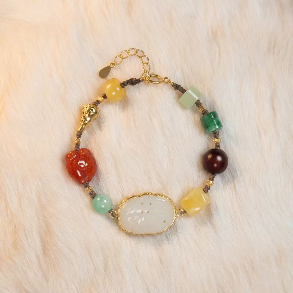 Four Auspicious Symbols Handmade Bracelet - Hetian Jade, Amber, Red Agate - Veilgem