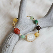 Four Auspicious Symbols Handmade Bracelet - Hetian Jade, Amber, Red Agate - Veilgem