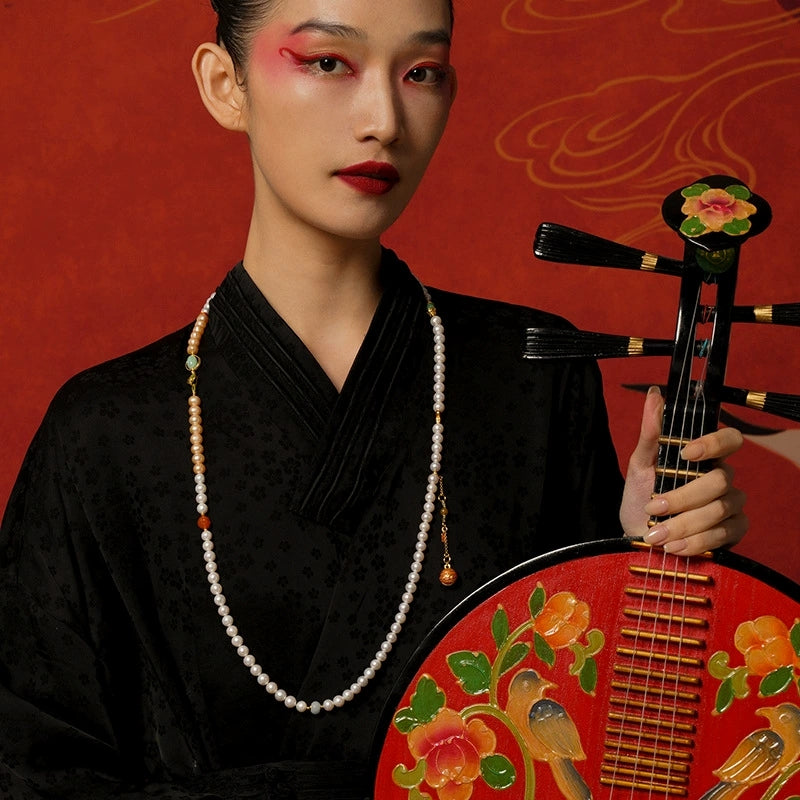 Aurora Grace – Dual-Tone Pearl & Carnelian Double-Strand Necklace - Veilgem