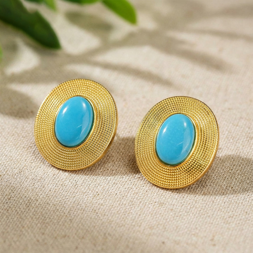 Round Turquoise Stud Earrings: S925 Silver Plated 18K Gold Classic Chinese Style - Veilgem