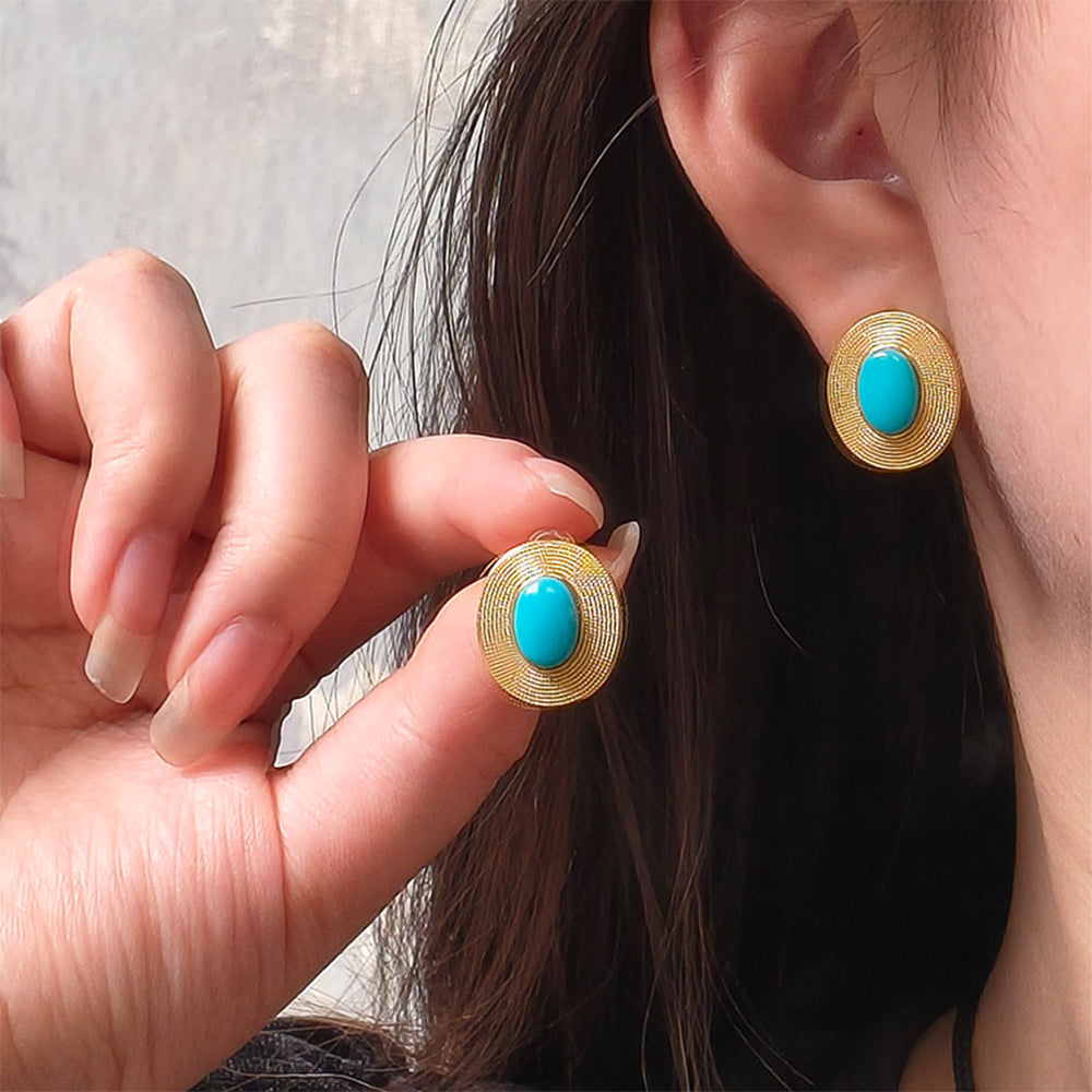 Round Turquoise Stud Earrings: S925 Silver Plated 18K Gold Classic Chinese Style - Veilgem