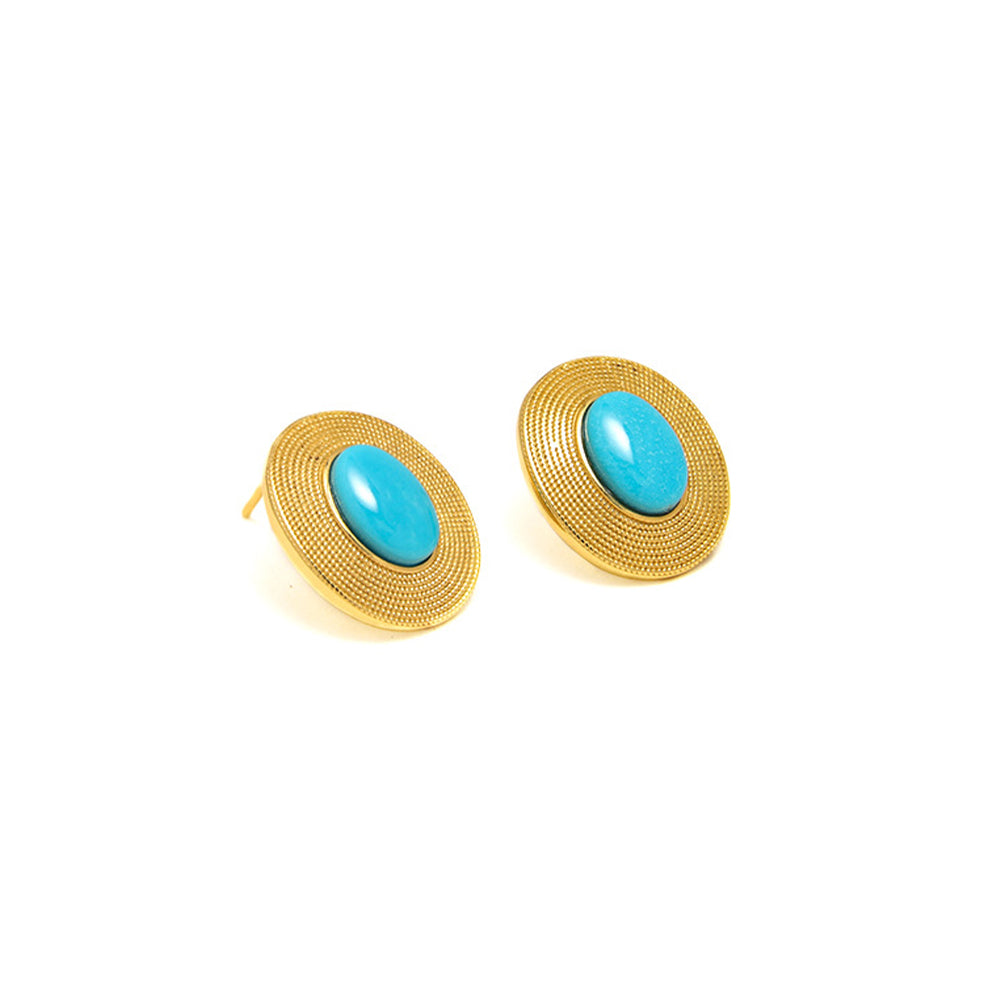 Round Turquoise Stud Earrings: S925 Silver Plated 18K Gold Classic Chinese Style - Veilgem