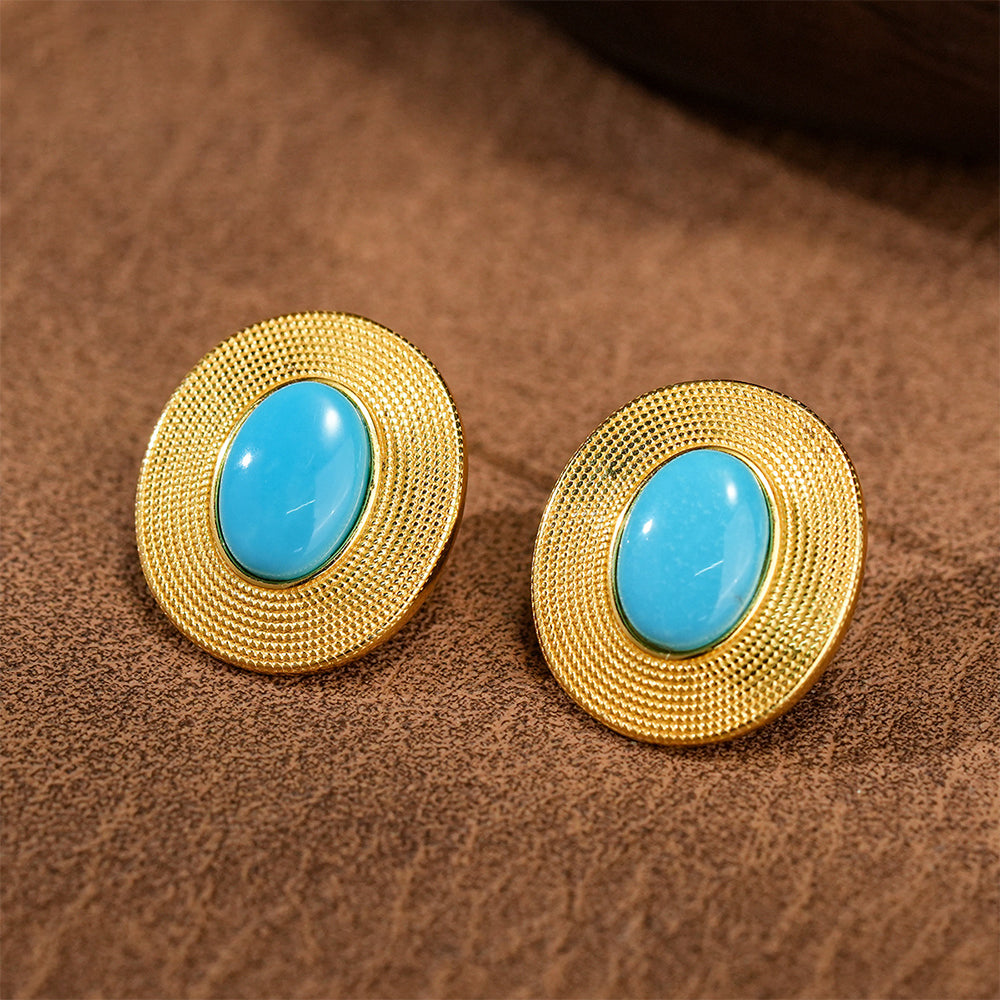 Round Turquoise Stud Earrings: S925 Silver Plated 18K Gold Classic Chinese Style - Veilgem