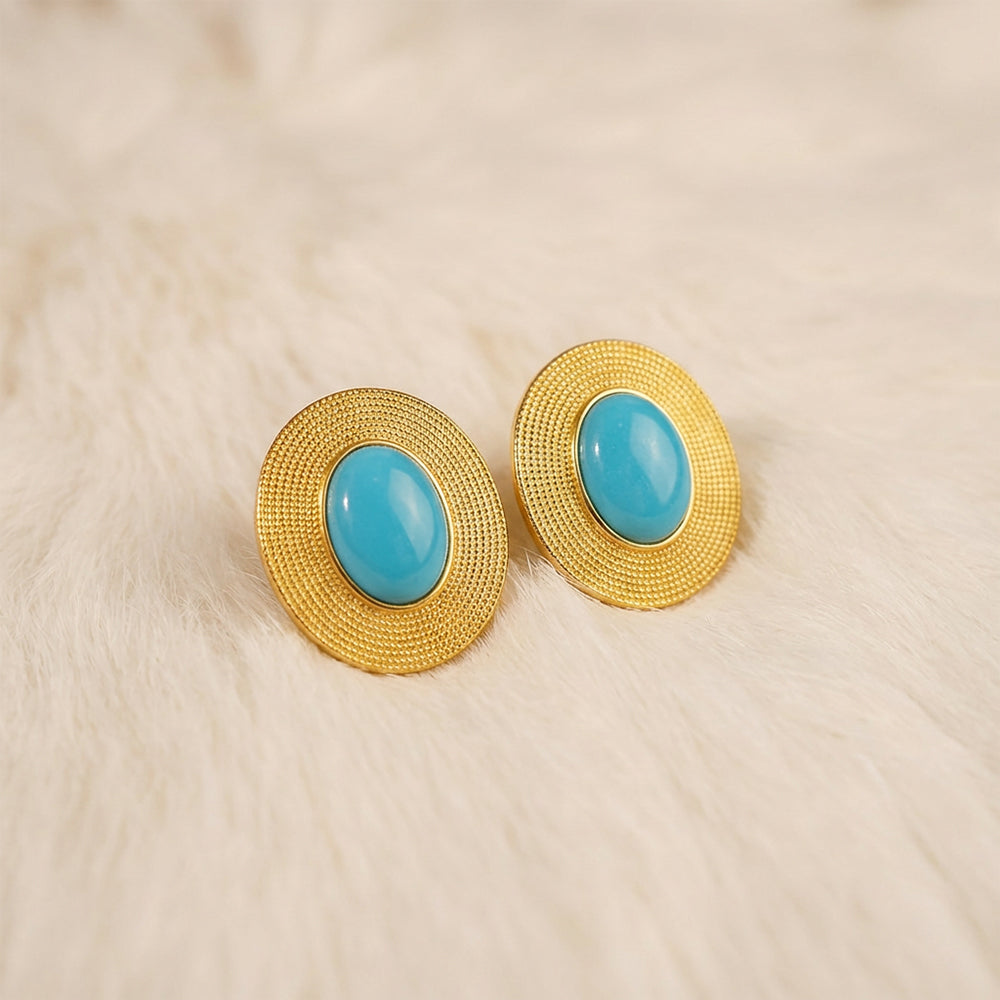 Round Turquoise Stud Earrings: S925 Silver Plated 18K Gold Classic Chinese Style - Veilgem