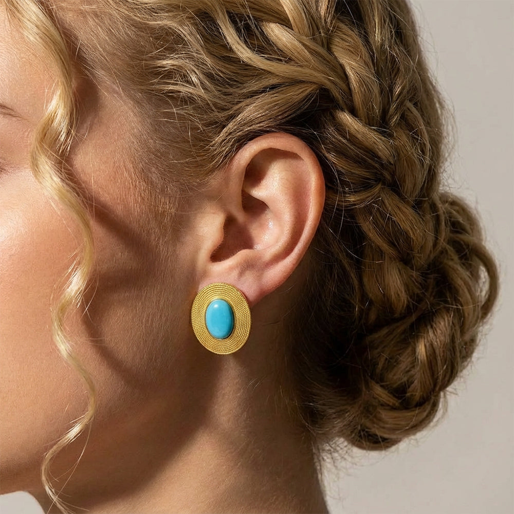 Round Turquoise Stud Earrings: S925 Silver Plated 18K Gold Classic Chinese Style - Veilgem