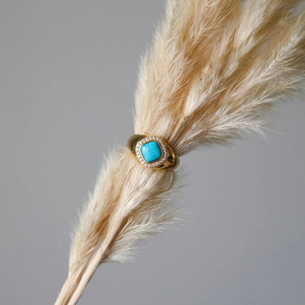 Morning Glow Turquoise Square Ring: S925 Silver Plated 18K Gold Minimalist Design - Veilgem