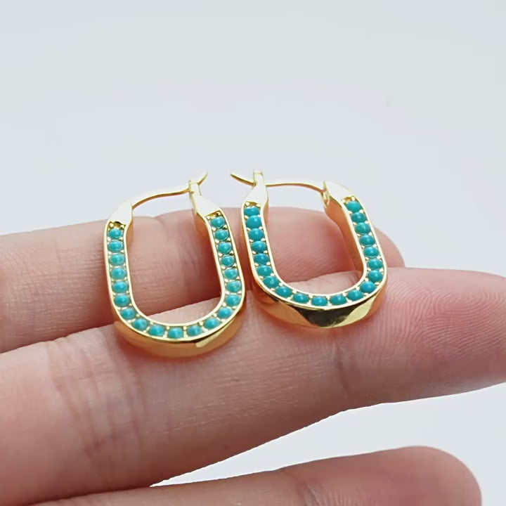Load video: Azure Loop — U-Shaped Turquoise Beaded Earrings in 18K Gold Vermeil