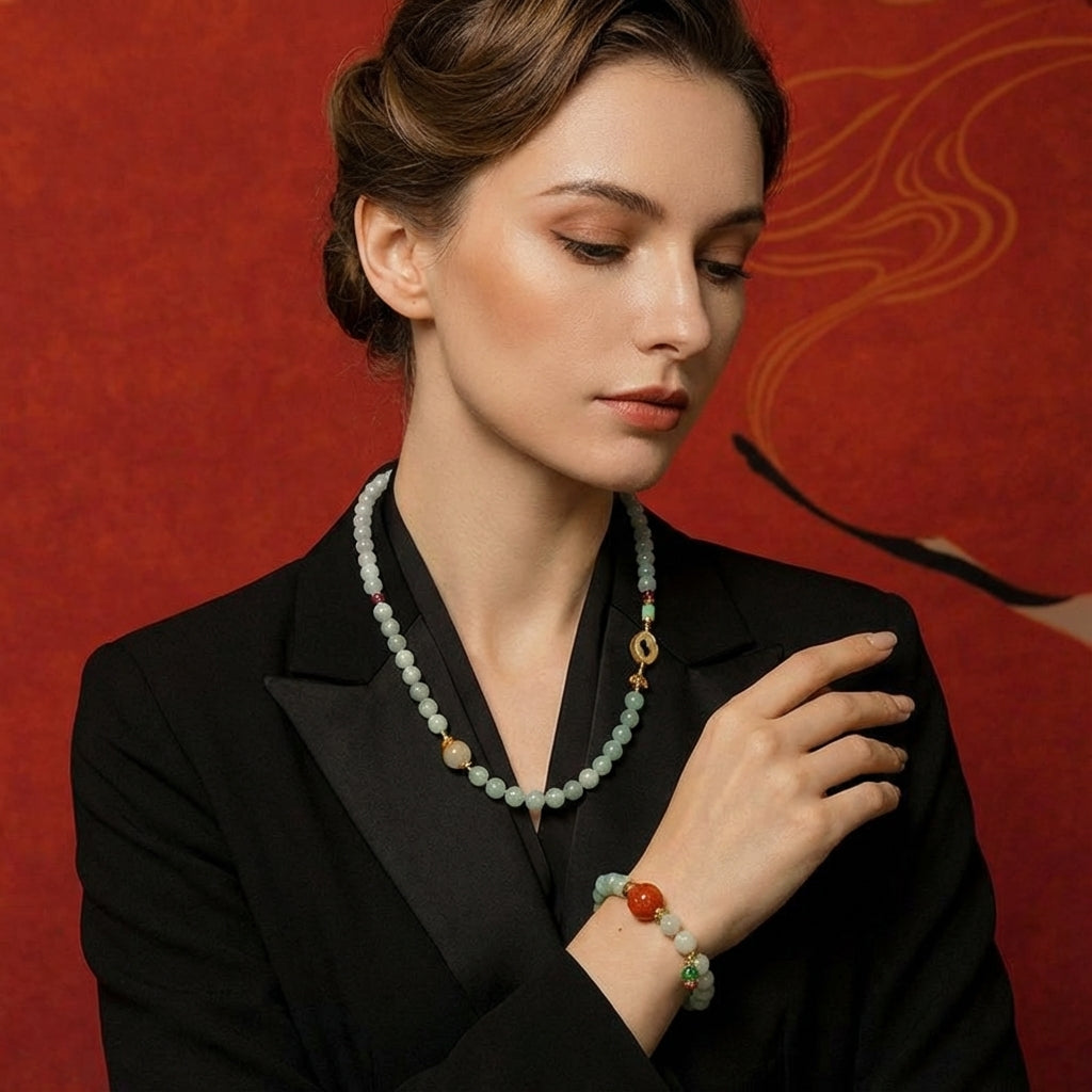 Floating Jade, Flowing Light – Oriental Scroll Jadeite Necklace - Veilgem