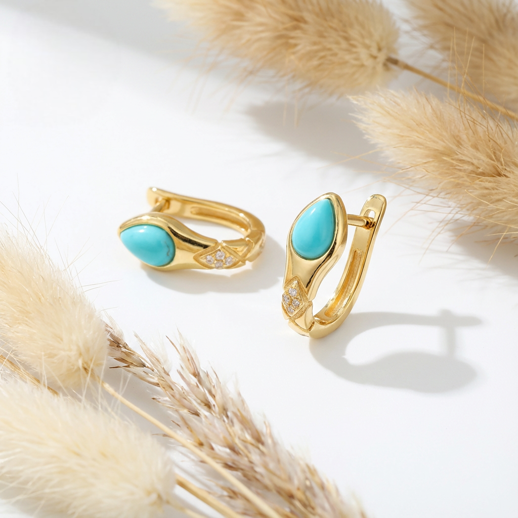 Serpent Turquoise Stud Earrings: S925 Silver Plated 18K Gold U-Shaped Jewelry - Veilgem