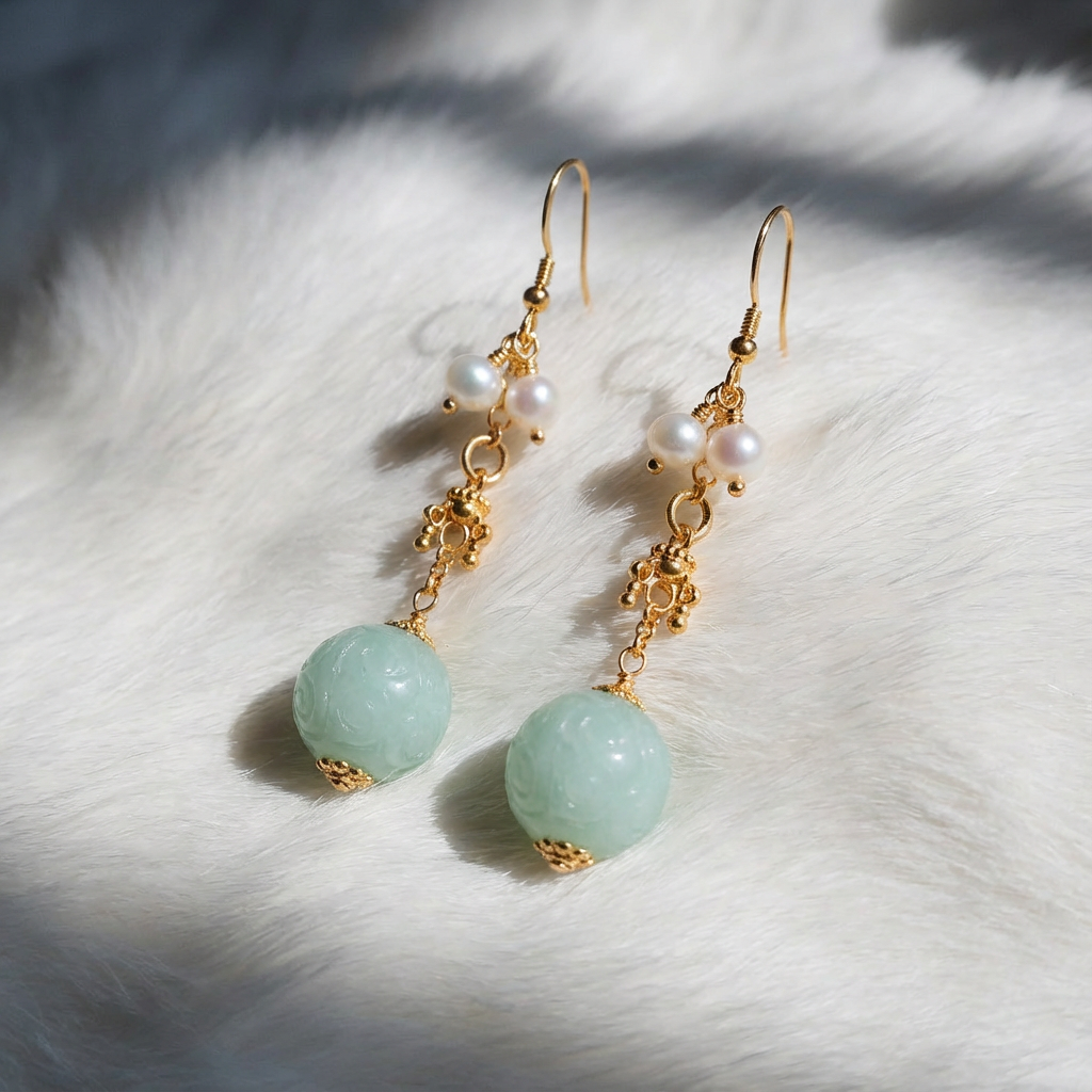 Jade Grace Earrings — S925 Gold-Plated Burmese A-Grade Jade & Pearl Drop Earrings - Veilgem