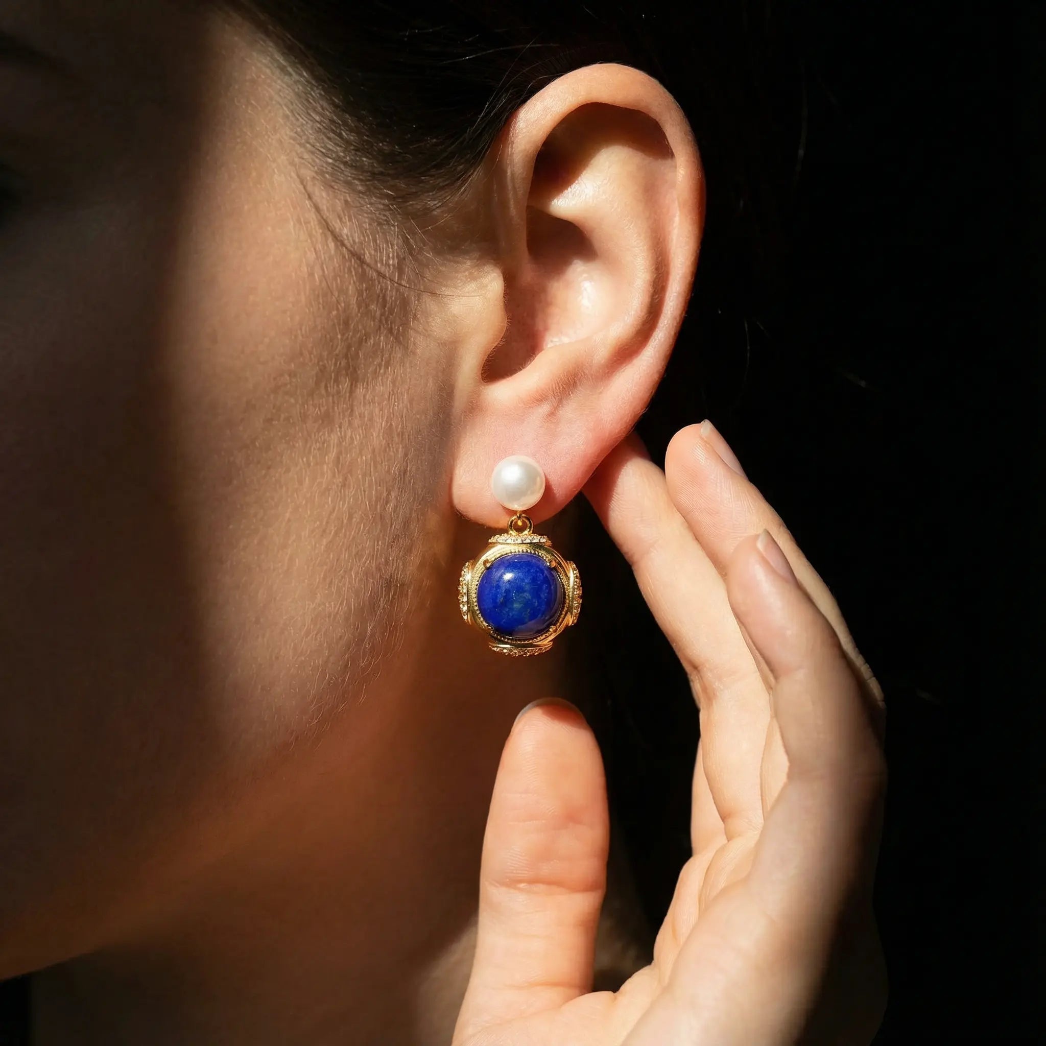 Moonlit Duo Lapis & Pearl Studs - Veilgem