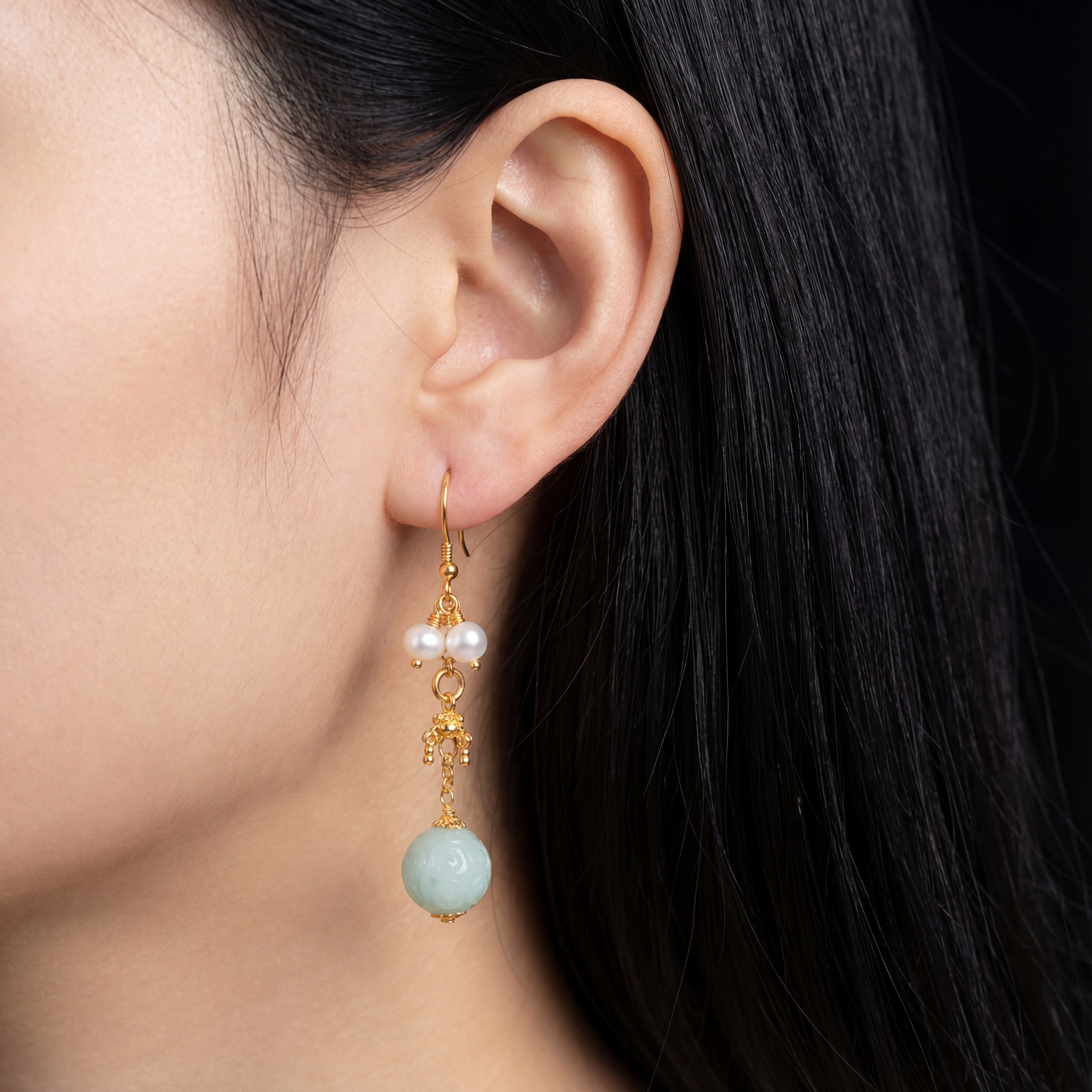 Jade Grace Earrings — S925 Gold-Plated Burmese A-Grade Jade & Pearl Drop Earrings - Veilgem