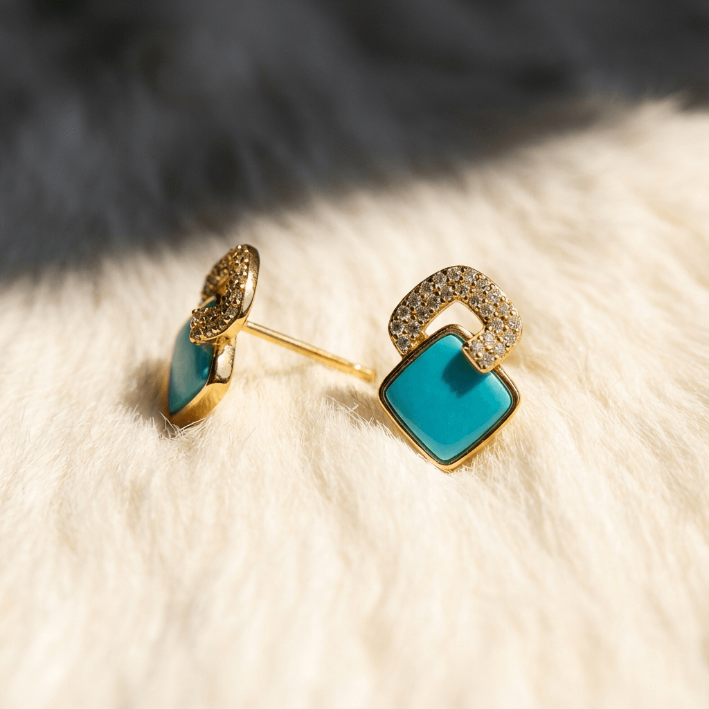 Square Turquoise Stud Earrings: S925 Silver Plated 18K Gold Geometric Jewelry - Veilgem