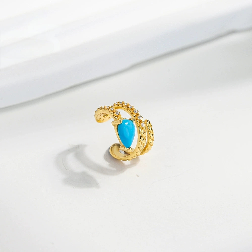Luminous Teardrop Turquoise Ear Cuff: S925 Silver Plated 18K Gold Serpent Design - Veilgem