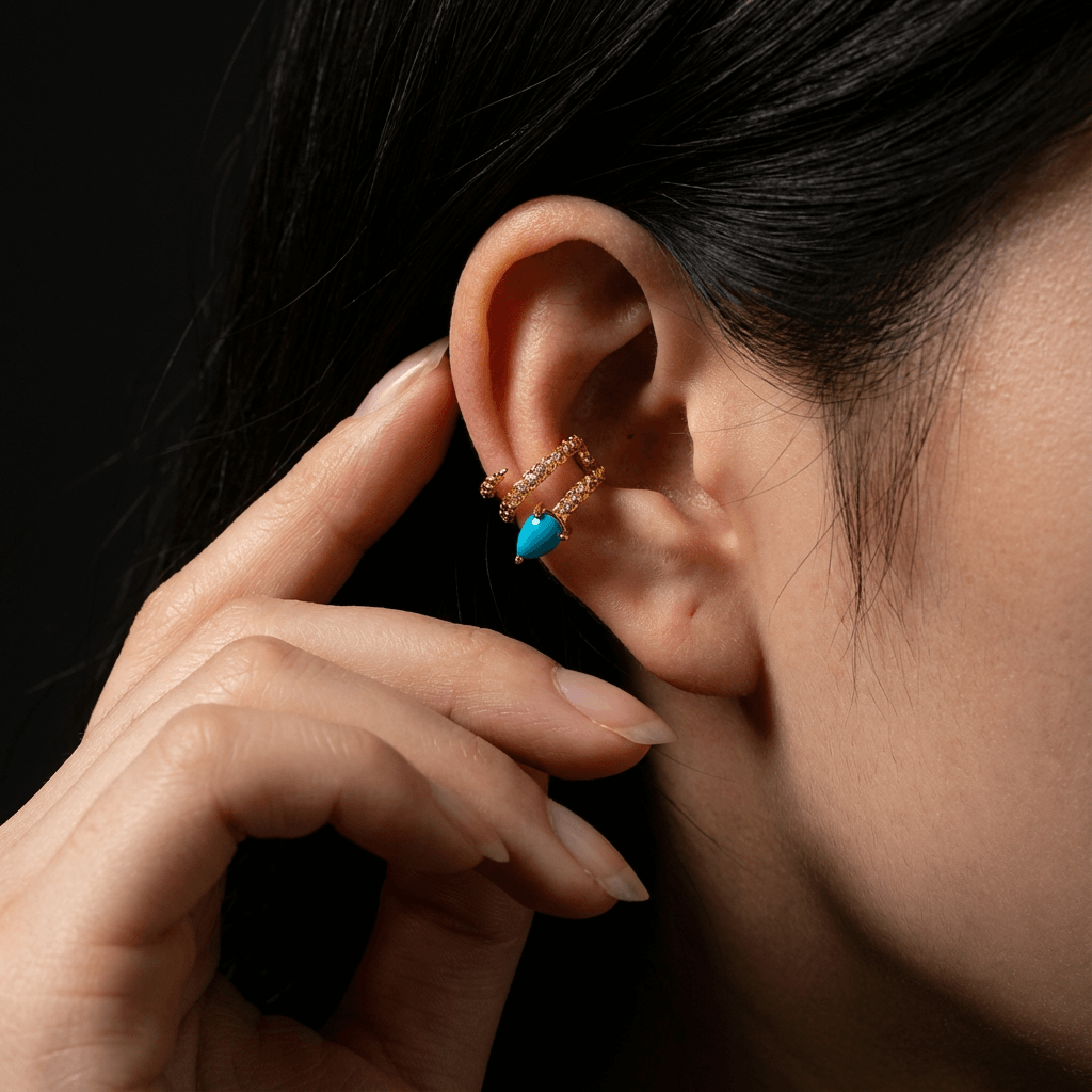 Luminous Teardrop Turquoise Ear Cuff: S925 Silver Plated 18K Gold Serpent Design