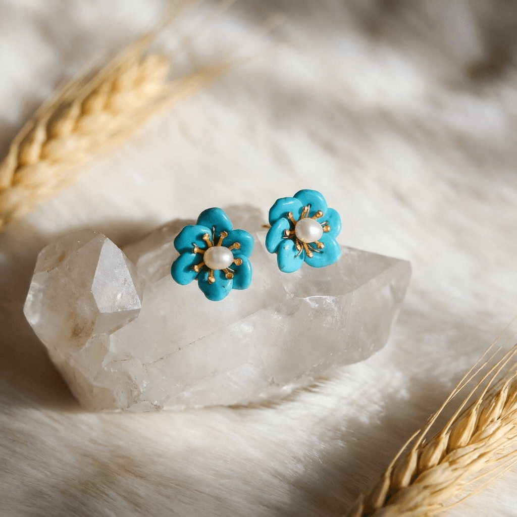 Floral Harmony – Turquoise & Pearl Blossom Earrings - Veilgem