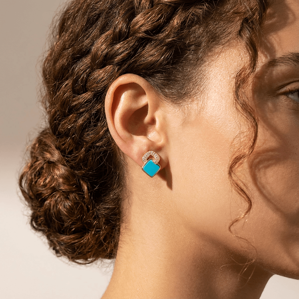 Square Turquoise Stud Earrings: S925 Silver Plated 18K Gold Geometric Jewelry - Veilgem
